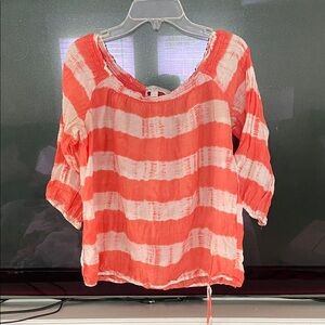 LOFT Coral and White Striped Blouse
